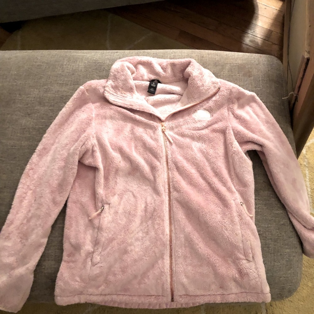 North Face pink fuzzy-fleece jacket in size Large in good-used condition.
